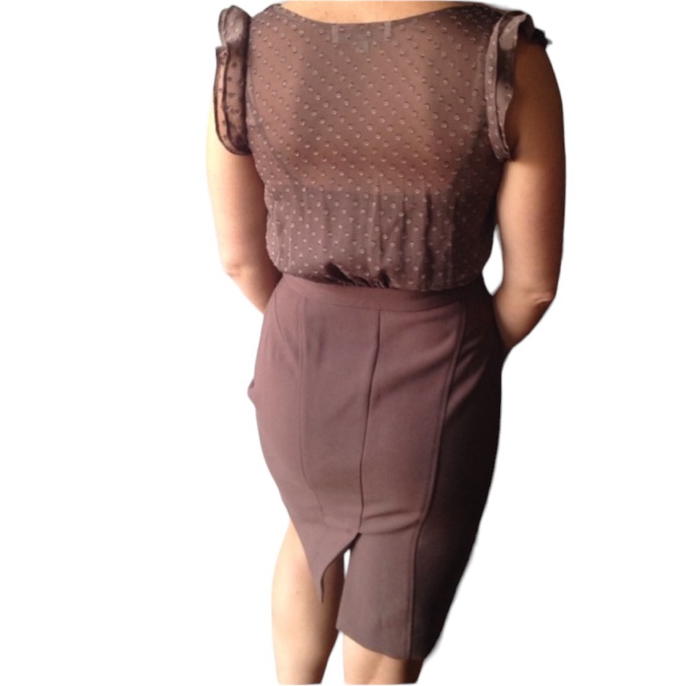 Elegant Ann Taylor Loft brown dress w/sheer top - Picture 3 of 4